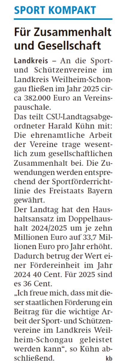 Zeitungsartikel Kreisbote Weilheim Murnau, 13.09.2025, Sport Kompakt, "Für den Zusammenhalt und Gesellschaft."