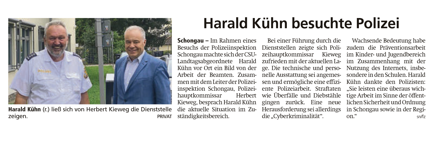 Zeitungsartikel Schongauer Nachrichten, 19.09.2025, Harald Kühn besucht die Polizei