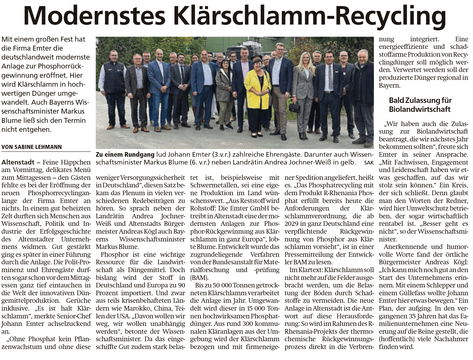 Zeitungsartikel, Schongauer Nachrichten, 18.10.2025, Modernstes Klärschlamm-Recycling